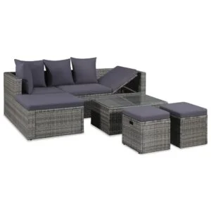 Salon de jardin en résine tressée grise, avec coussins, 4 pièces
